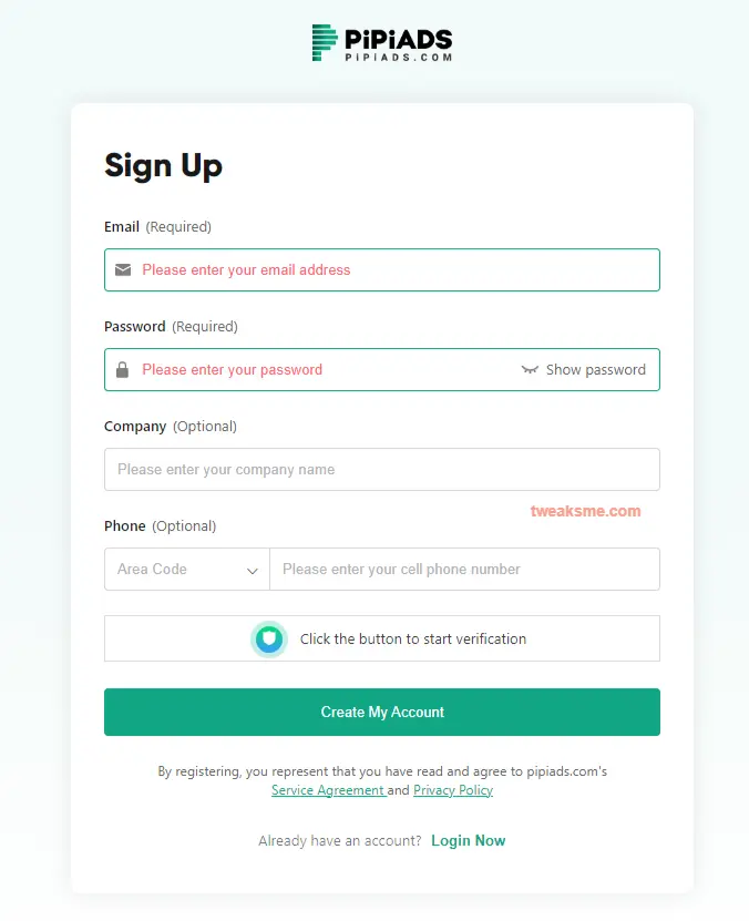 PiPiADS Signup Page